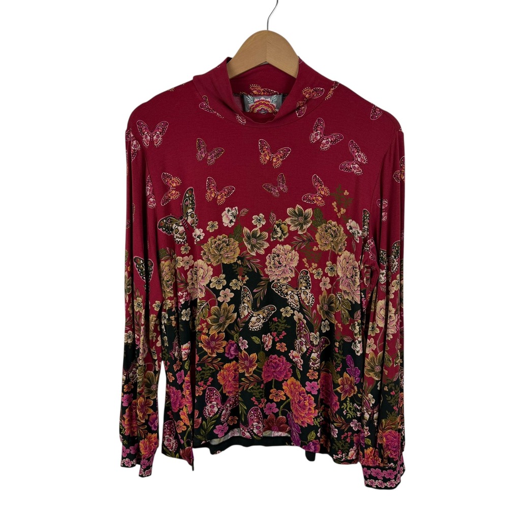 Johnny Was Janie Favorite Mock Neck Top Size PL Burgundy Butterfly Floral Comfy‎ - Picture 2 of 11